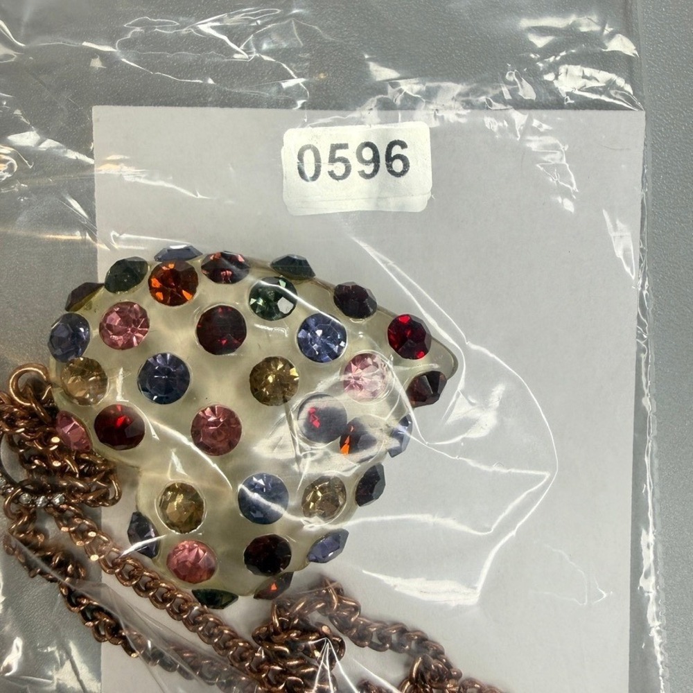 Betsey Johnson Lucite Puffy Heart Necklace Multi-Color Rhinestone 40" Long Opera - Picture 8 of 8